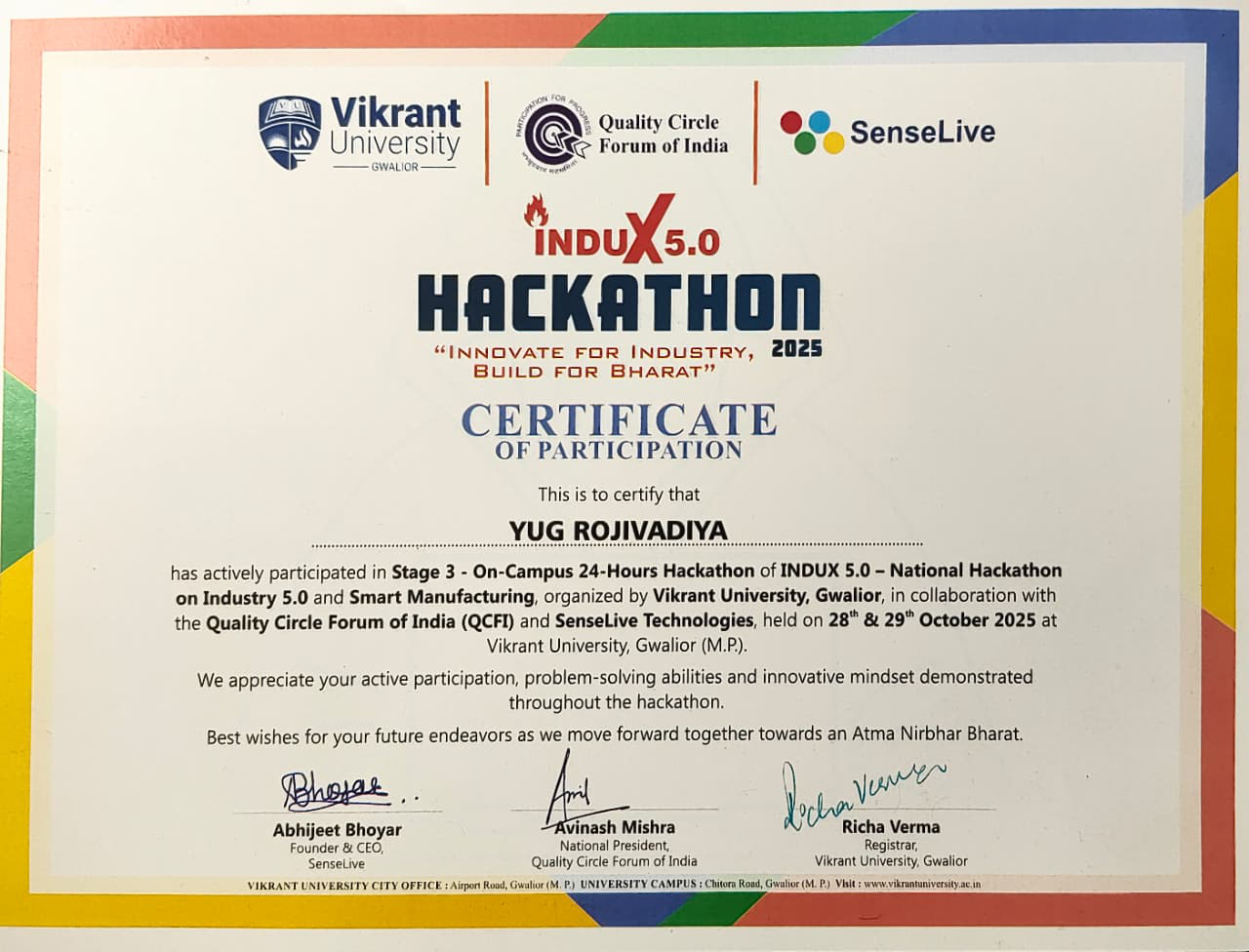 Yug Rojivadiya Top 10 Achievement in National Hackathon